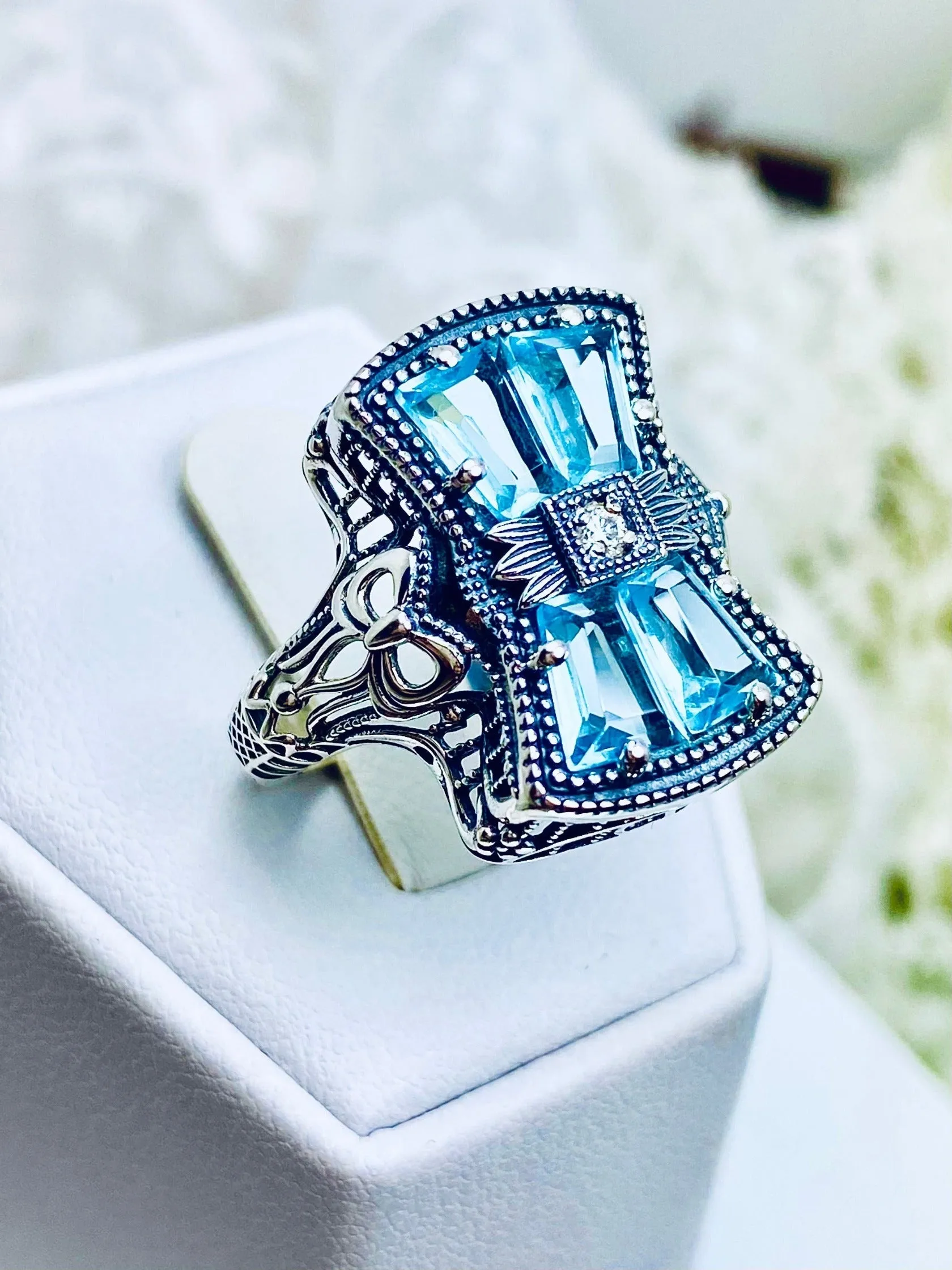 Aquamarine Ring, Size 10, Versailles Sterling Silver Bow & Baguette CZ Ring, Baroque Jewelry D595 - Ready to ship