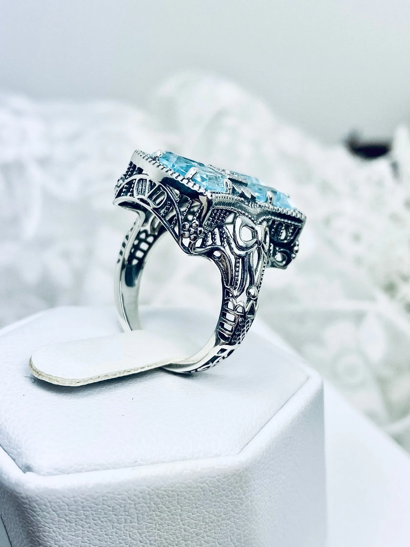 Aquamarine Ring, Size 10, Versailles Sterling Silver Bow & Baguette CZ Ring, Baroque Jewelry D595 - Ready to ship