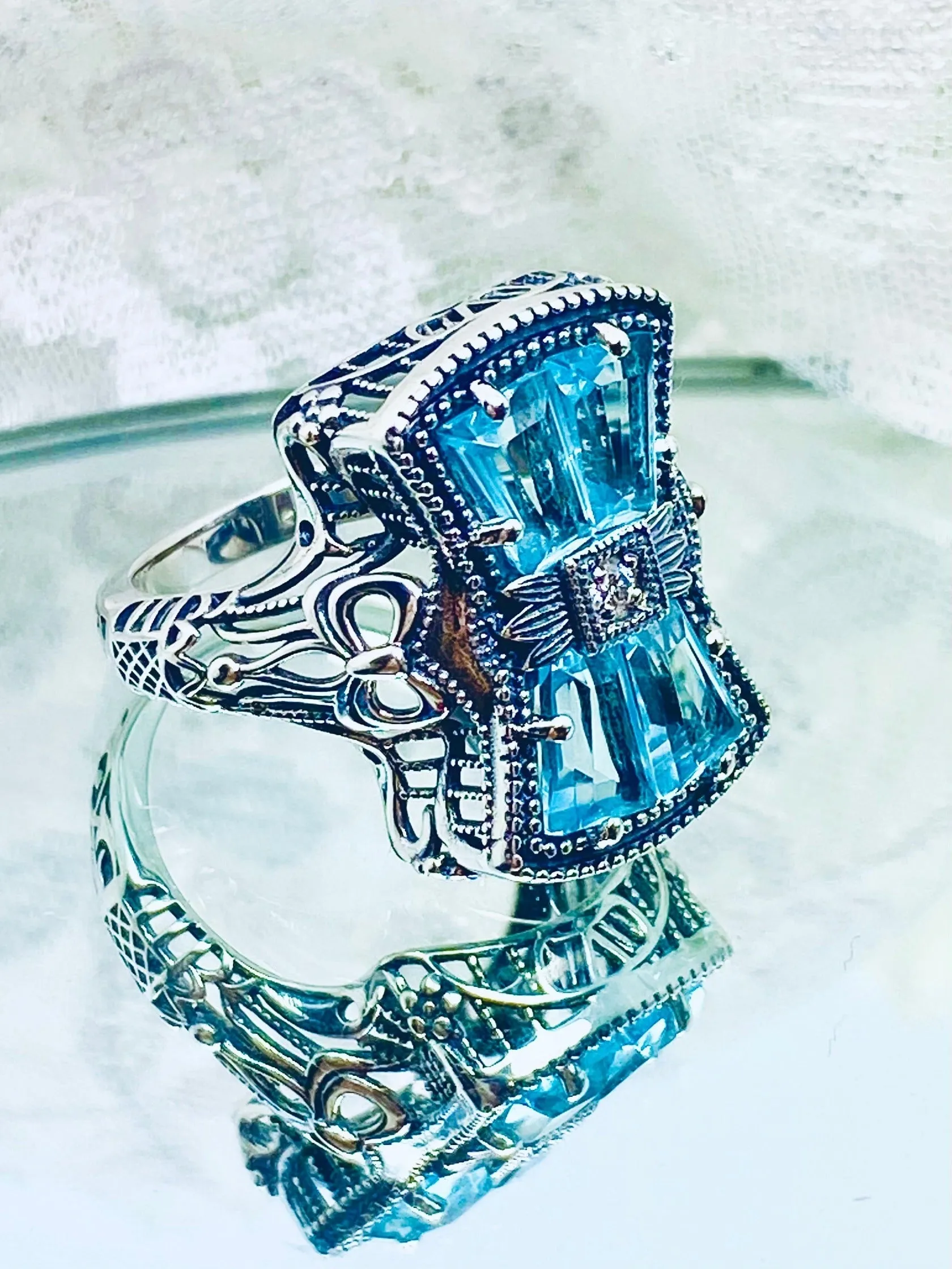 Aquamarine Ring, Size 10, Versailles Sterling Silver Bow & Baguette CZ Ring, Baroque Jewelry D595 - Ready to ship