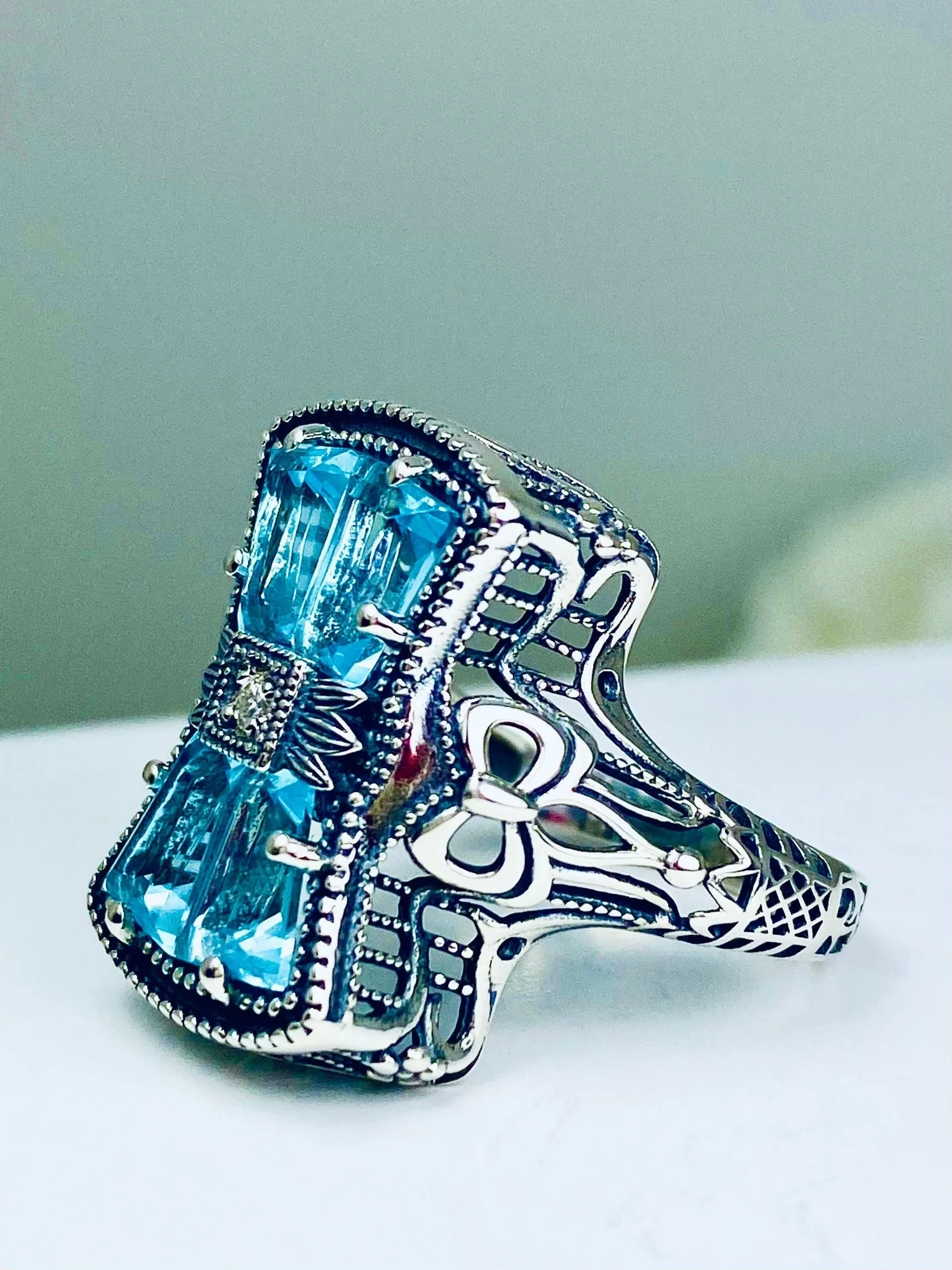 Aquamarine Ring, Size 10, Versailles Sterling Silver Bow & Baguette CZ Ring, Baroque Jewelry D595 - Ready to ship