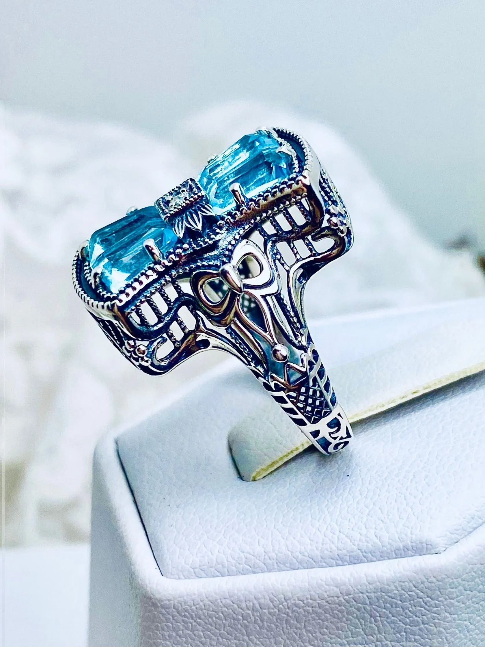 Aquamarine Ring, Size 10, Versailles Sterling Silver Bow & Baguette CZ Ring, Baroque Jewelry D595 - Ready to ship