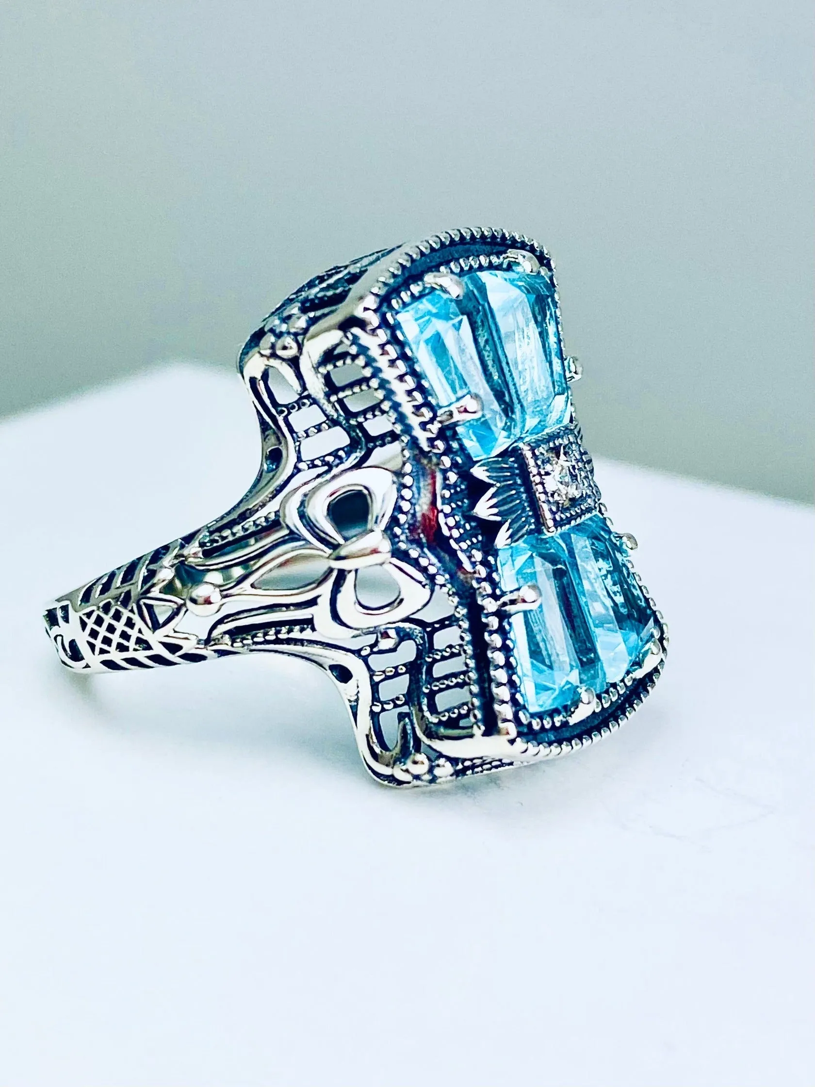 Aquamarine Ring, Size 10, Versailles Sterling Silver Bow & Baguette CZ Ring, Baroque Jewelry D595 - Ready to ship