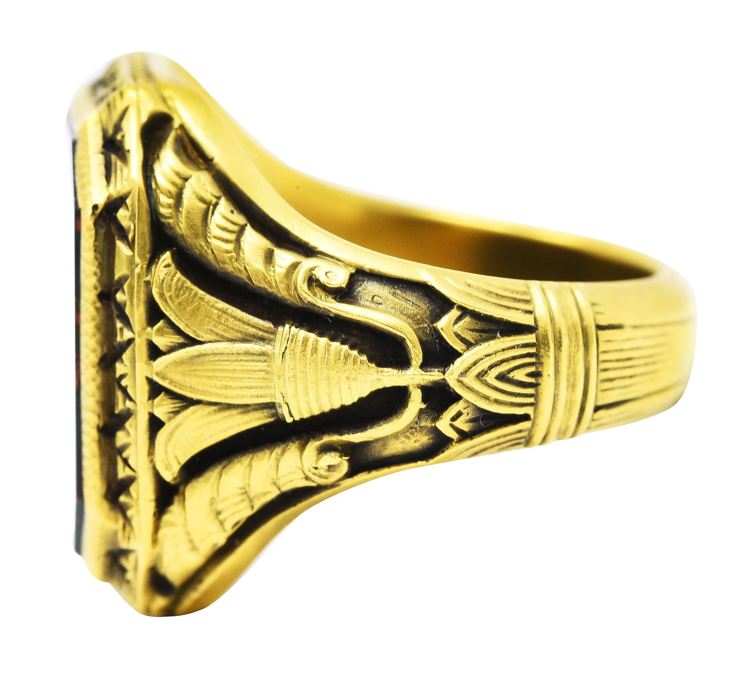 Art Deco Egyptian Revival Bloodstone 14 Karat Gold Lotus Signet Unisex Ring