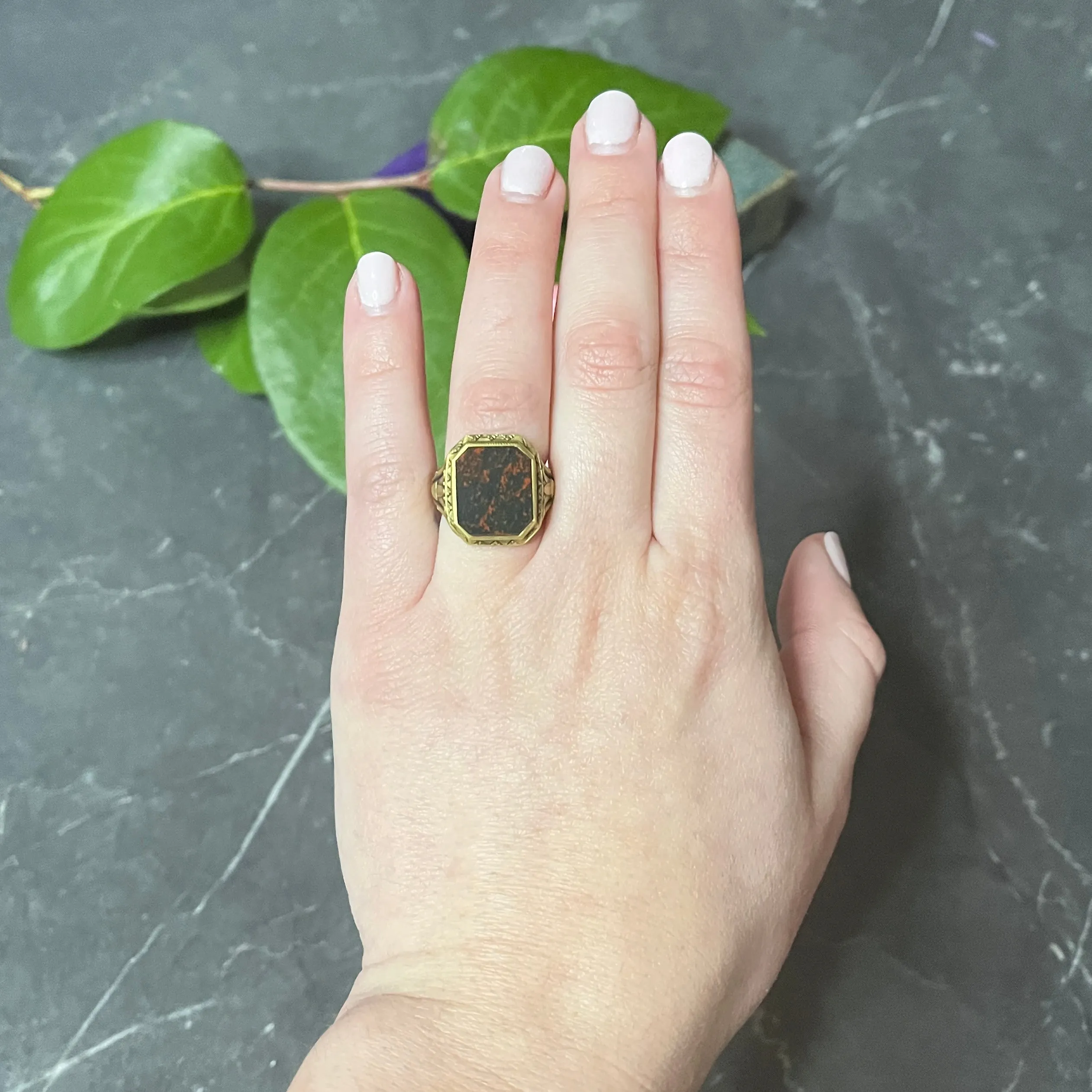 Art Deco Egyptian Revival Bloodstone 14 Karat Gold Lotus Signet Unisex Ring