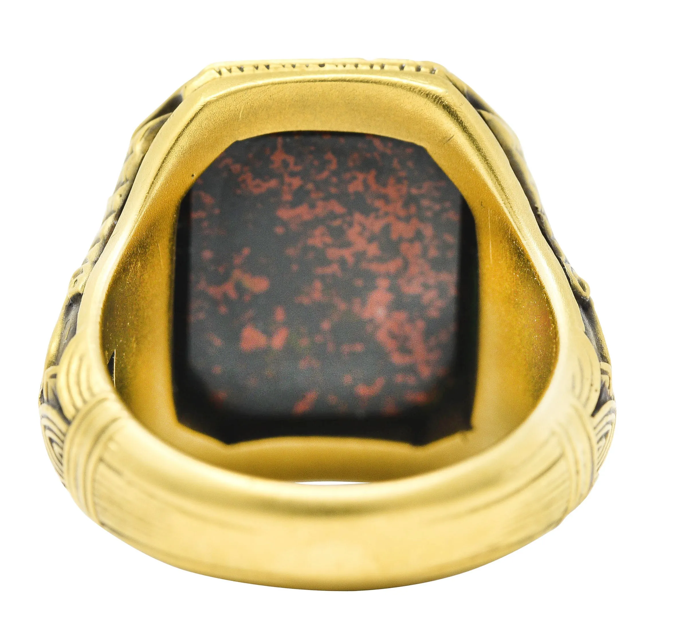 Art Deco Egyptian Revival Bloodstone 14 Karat Gold Lotus Signet Unisex Ring
