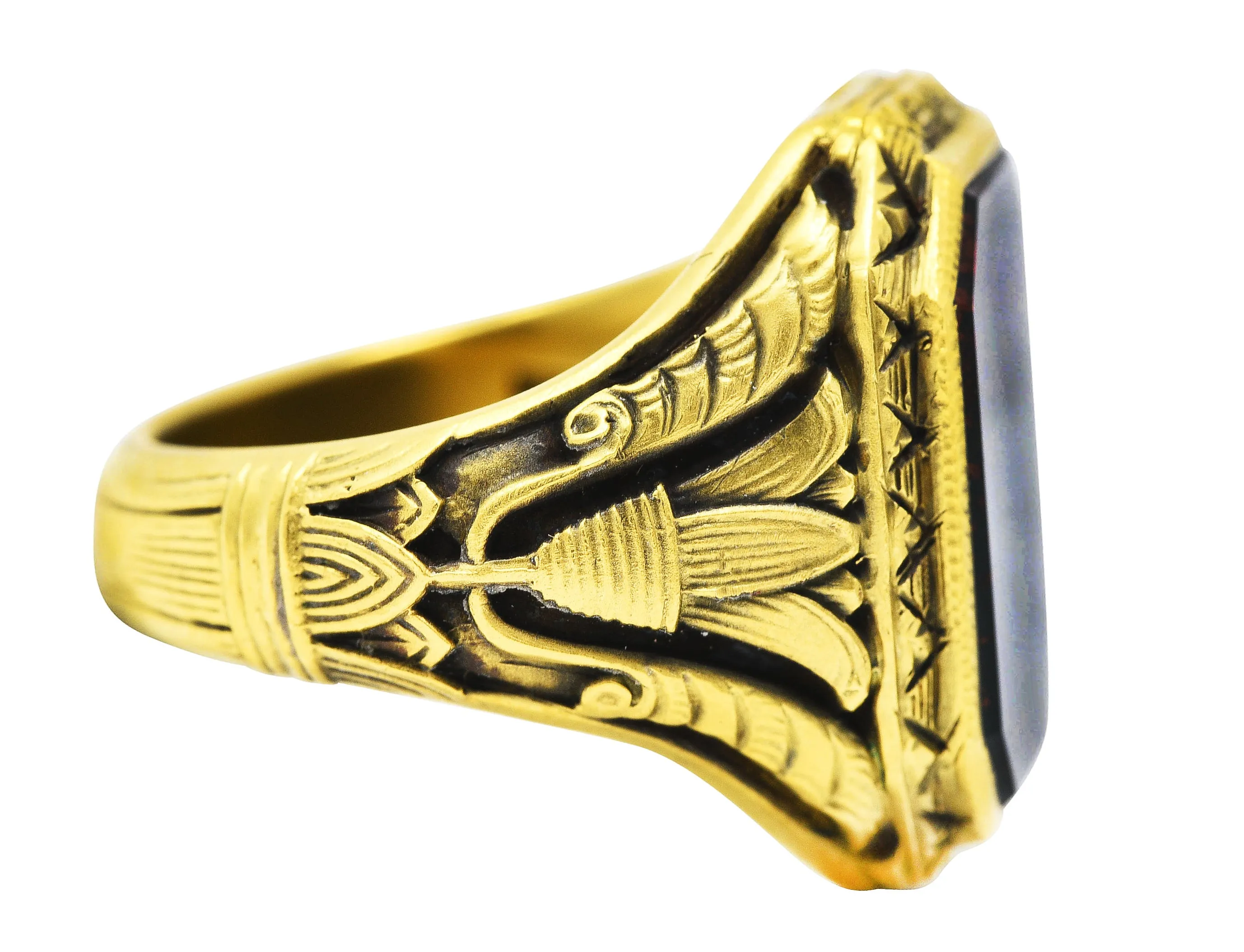 Art Deco Egyptian Revival Bloodstone 14 Karat Gold Lotus Signet Unisex Ring