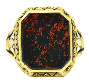Art Deco Egyptian Revival Bloodstone 14 Karat Gold Lotus Signet Unisex Ring
