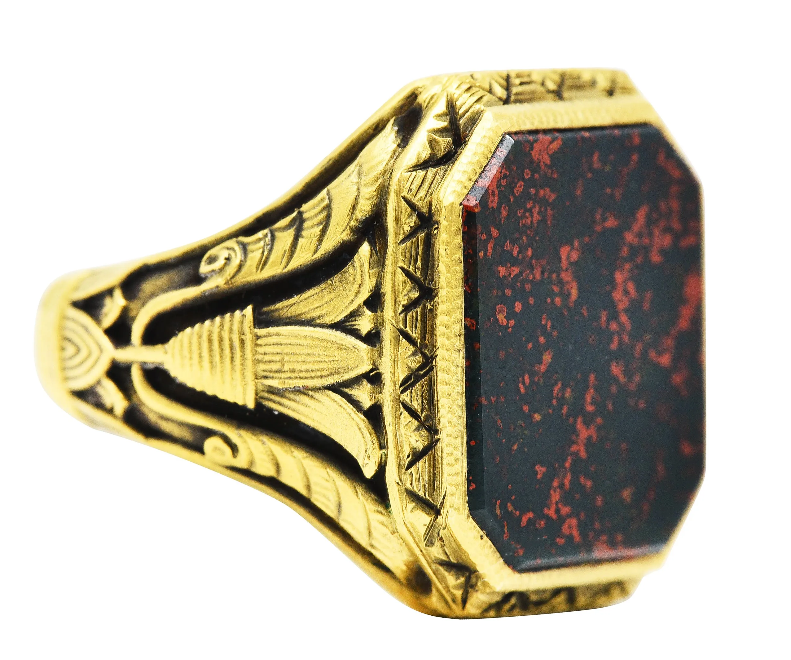Art Deco Egyptian Revival Bloodstone 14 Karat Gold Lotus Signet Unisex Ring