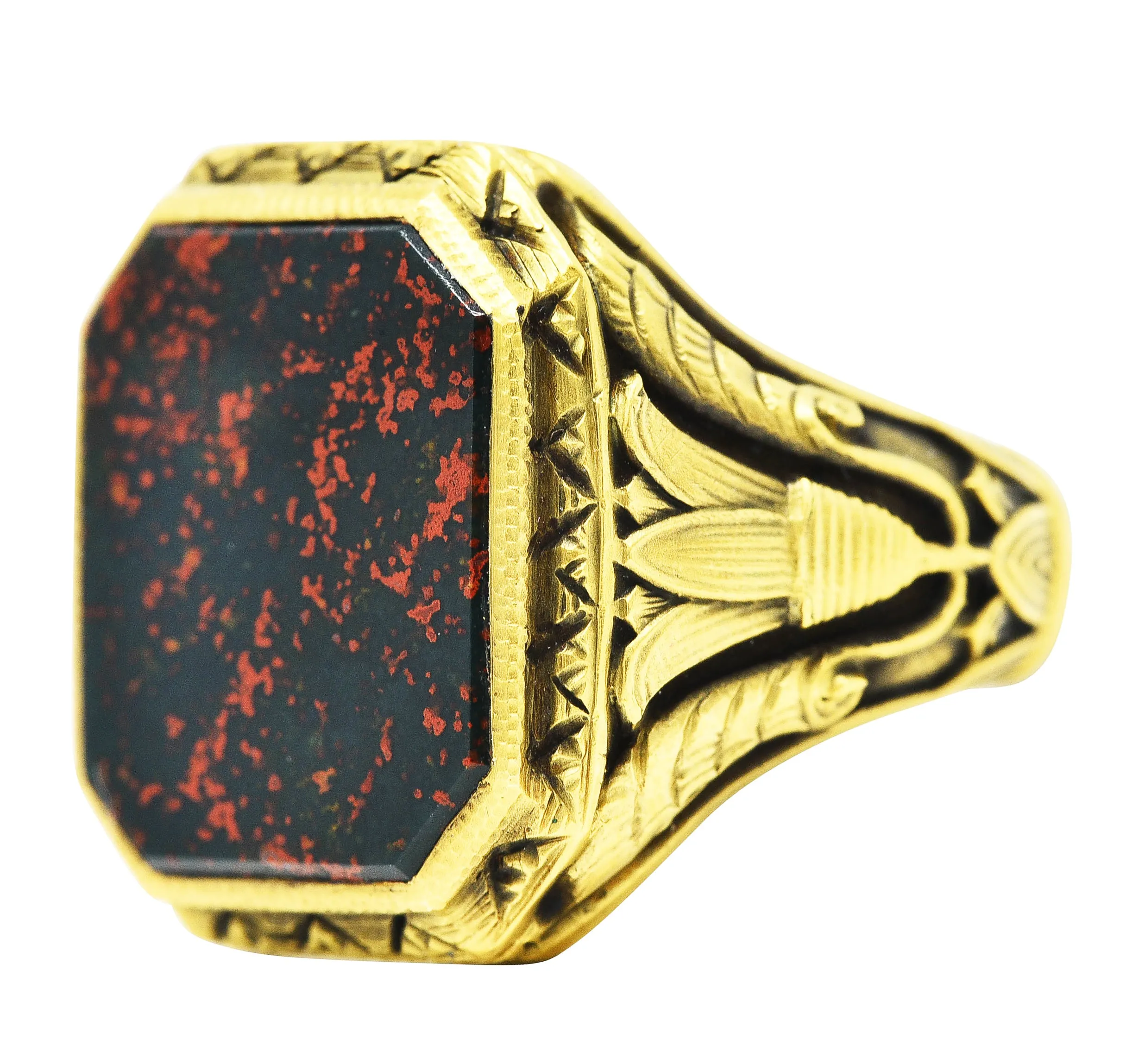 Art Deco Egyptian Revival Bloodstone 14 Karat Gold Lotus Signet Unisex Ring