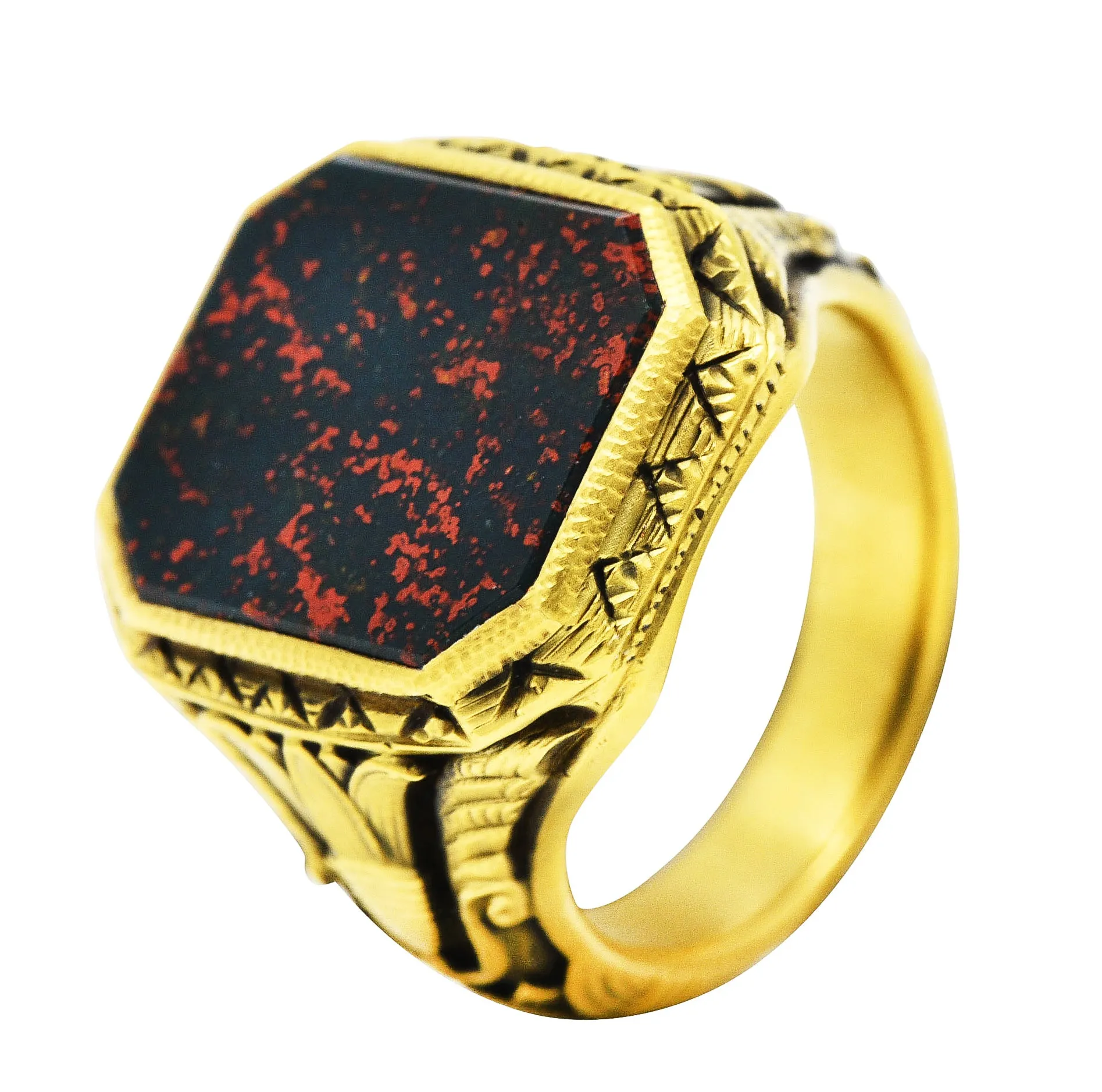 Art Deco Egyptian Revival Bloodstone 14 Karat Gold Lotus Signet Unisex Ring