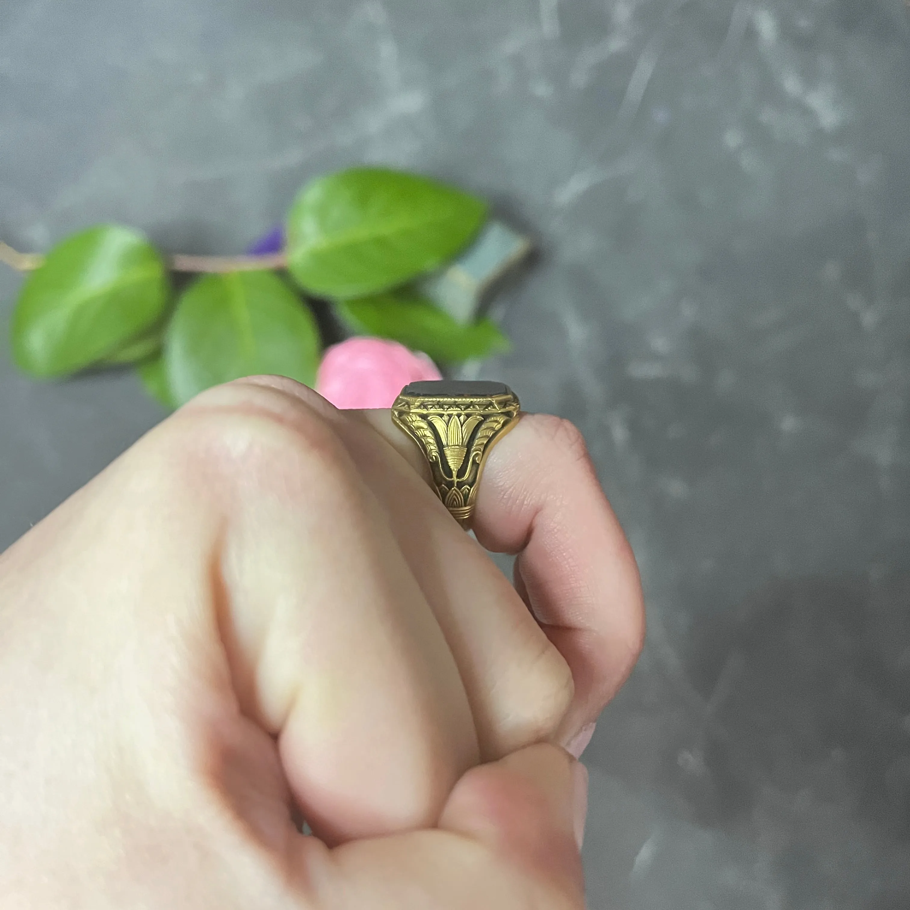 Art Deco Egyptian Revival Bloodstone 14 Karat Gold Lotus Signet Unisex Ring
