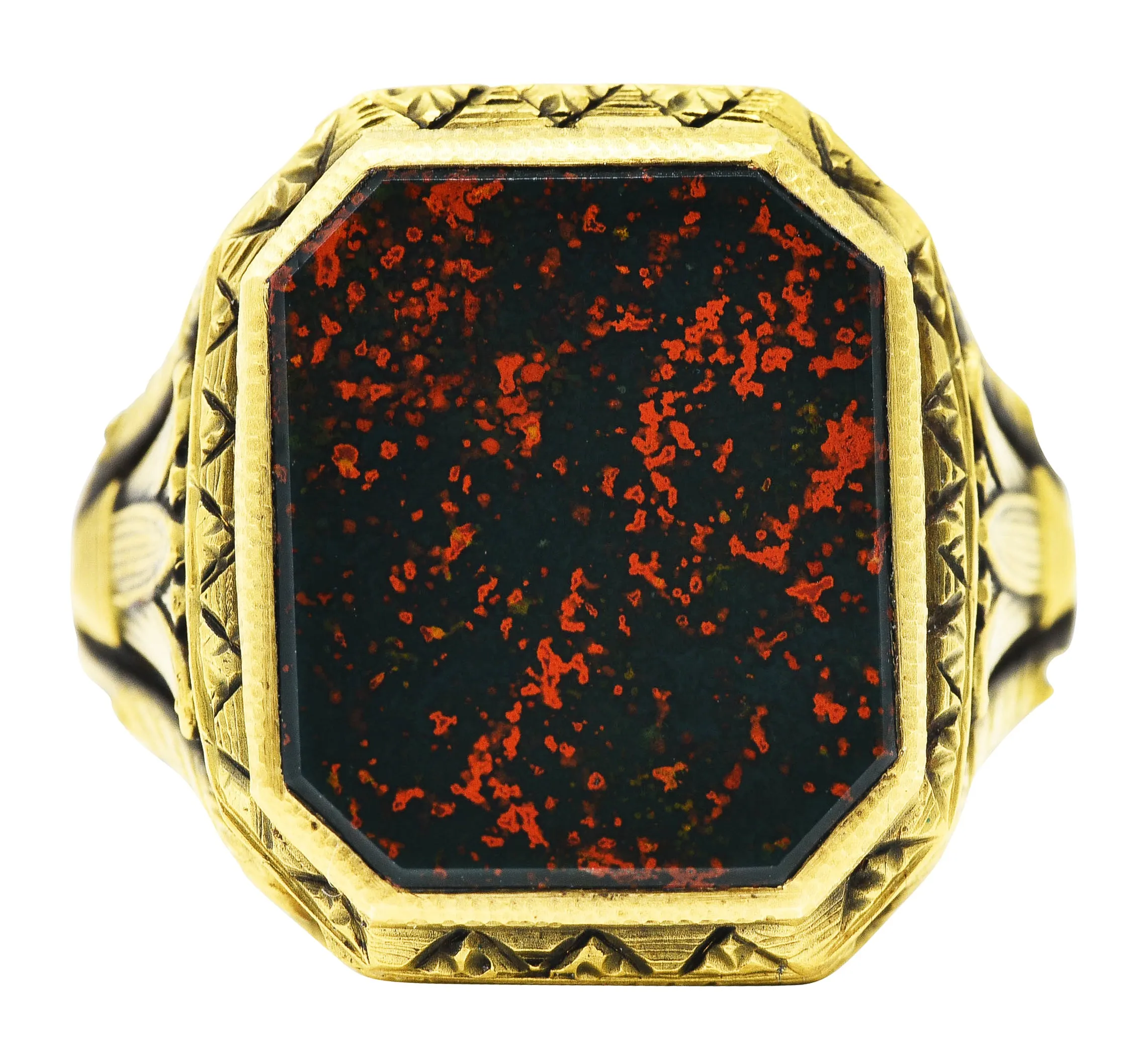 Art Deco Egyptian Revival Bloodstone 14 Karat Gold Lotus Signet Unisex Ring
