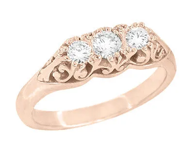 Art Deco Filigree 3 Stone Diamond Ring in 14 Karat Rose ( Pink ) Gold