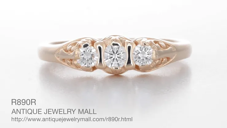 Art Deco Filigree 3 Stone Diamond Ring in 14 Karat Rose ( Pink ) Gold