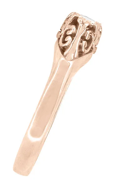 Art Deco Filigree 3 Stone Diamond Ring in 14 Karat Rose ( Pink ) Gold