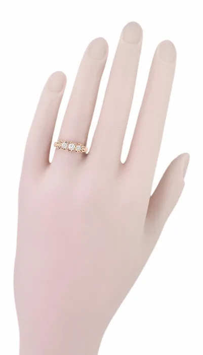 Art Deco Filigree 3 Stone Diamond Ring in 14 Karat Rose ( Pink ) Gold