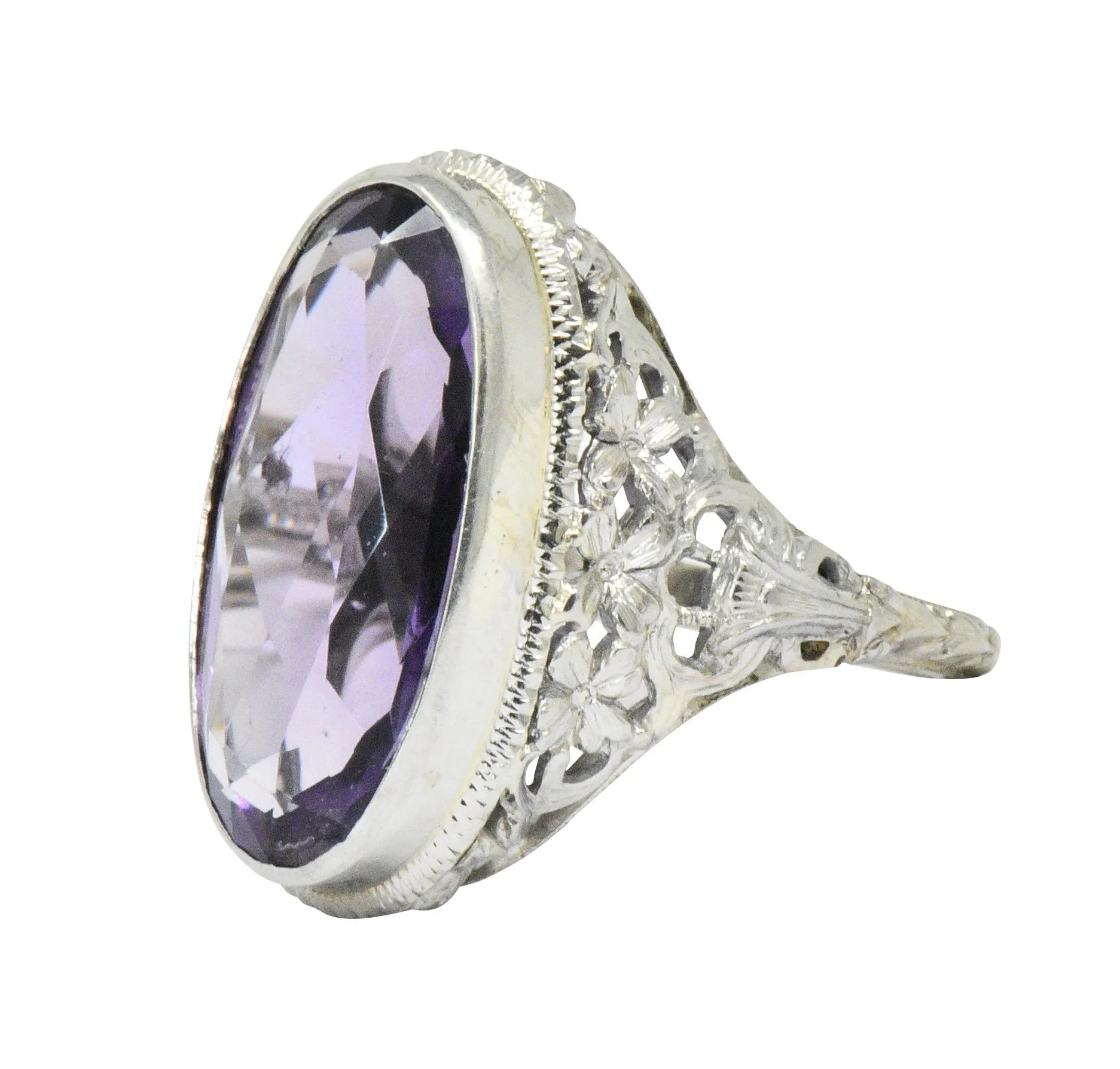 Art Nouveau 6.75 CTW Amethyst 18 Karat White Gold Ring