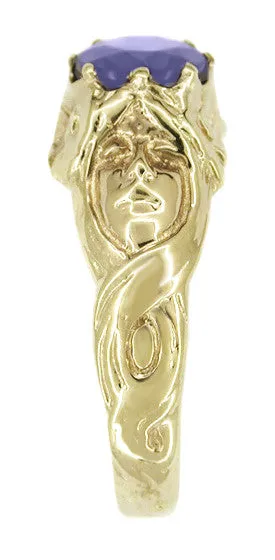 Art Nouveau Iolite Crowned Maidens Ring in 14 Karat Yellow Gold