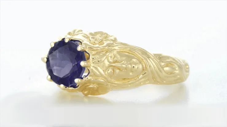 Art Nouveau Iolite Crowned Maidens Ring in 14 Karat Yellow Gold