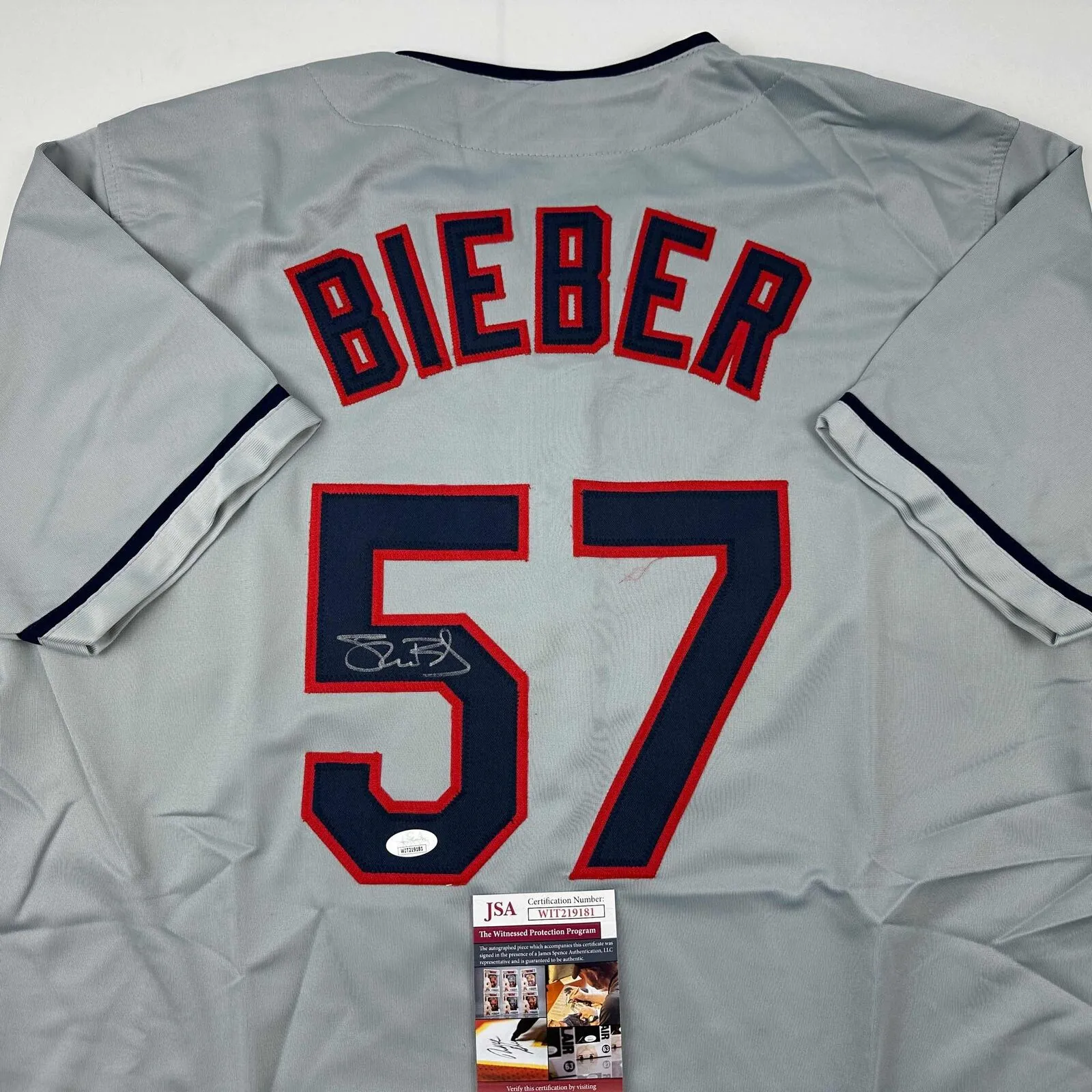 Autographed/Signed Shane Bieber Cleveland Grey Baseball Jersey JSA COA