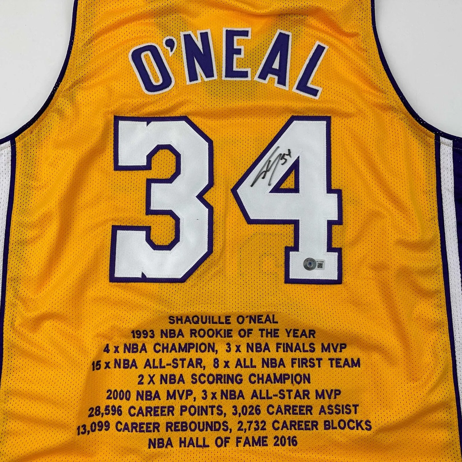 Autographed/Signed Shaquille Shaq O'Neal LA Yellow Stat Jersey Beckett BAS COA
