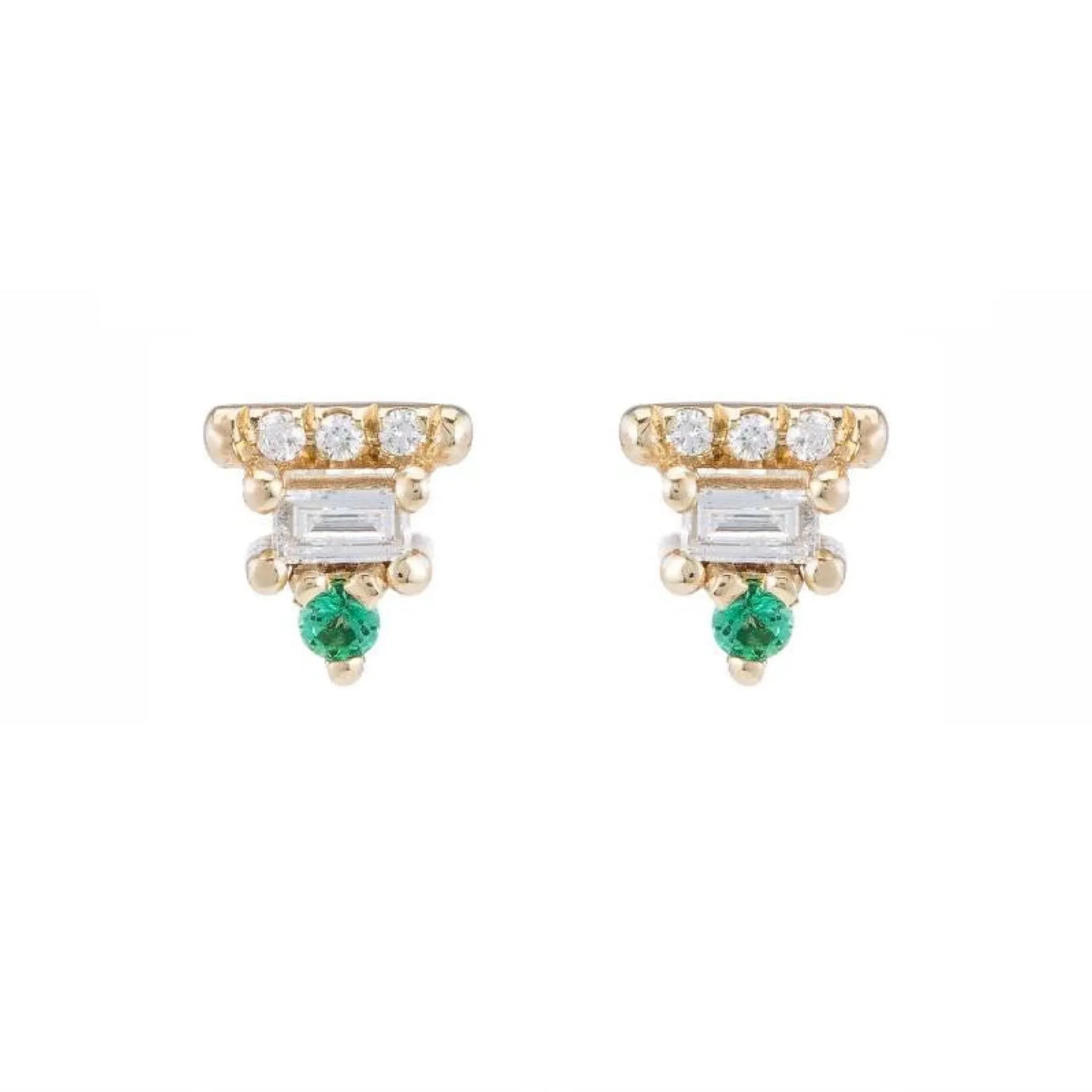 baguette bar stud earrings - natural emerald   diamond