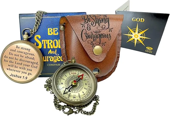 Be Strong and Courageous Brass Religious Compass Gift Confirmation Baptism Easter Christian Catholic Graduation Trekking Adventure Engraved Scripture Prayer Gift for Men Women Teenage Boys Girls