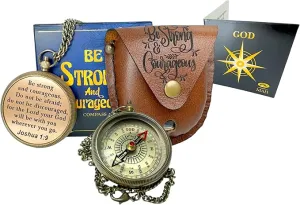 Be Strong and Courageous Brass Religious Compass Gift Confirmation Baptism Easter Christian Catholic Graduation Trekking Adventure Engraved Scripture Prayer Gift for Men Women Teenage Boys Girls