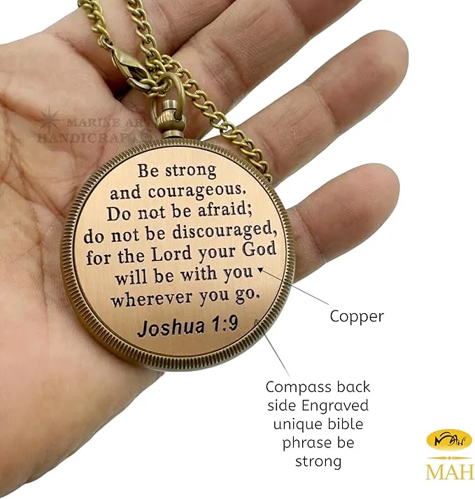 Be Strong and Courageous Brass Religious Compass Gift Confirmation Baptism Easter Christian Catholic Graduation Trekking Adventure Engraved Scripture Prayer Gift for Men Women Teenage Boys Girls