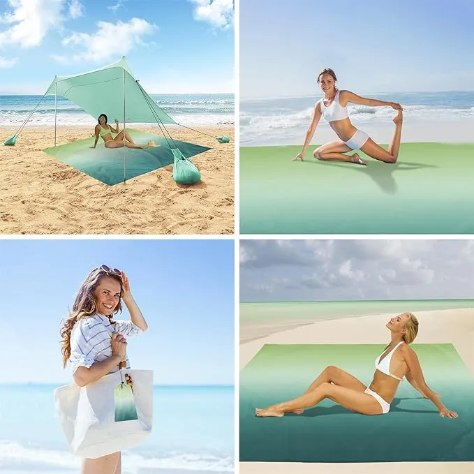 Beach Blanket Waterproof Sandproof, 10'X 9' Oversized Beach Picnic Blankets, Beach Mat Sand Free Windproof w/Stakes and Corner Sand Pocket for Outdoor, Travel, Camping, Beach Essentials-Teal Gradient