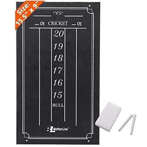 BETTERLINE Large Professional Scoreboard Chalkboard for Cricket and 01 Darts Games - 15.5" x 9" Inch (39.3 x 22.9 cm) - Black Board - Eraser and 2 Chalk Pieces Included