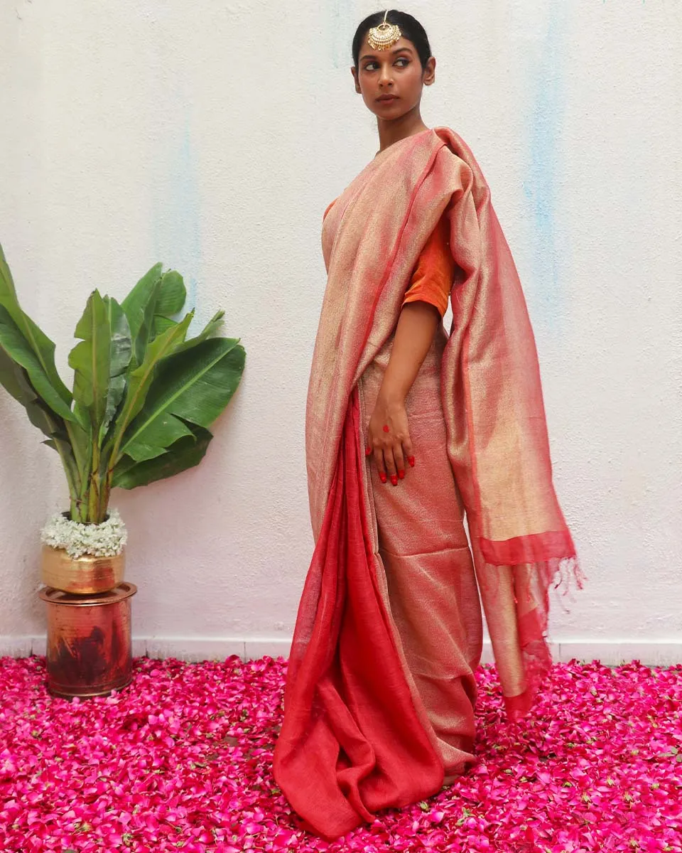 Bibha Maroon Handwoven Linen Zari Saree - Eknoor