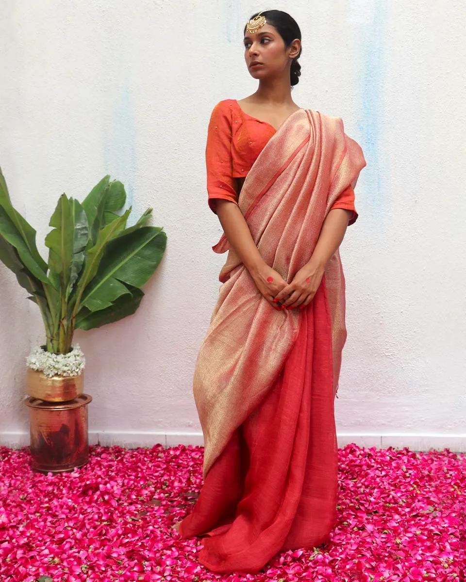 Bibha Maroon Handwoven Linen Zari Saree - Eknoor