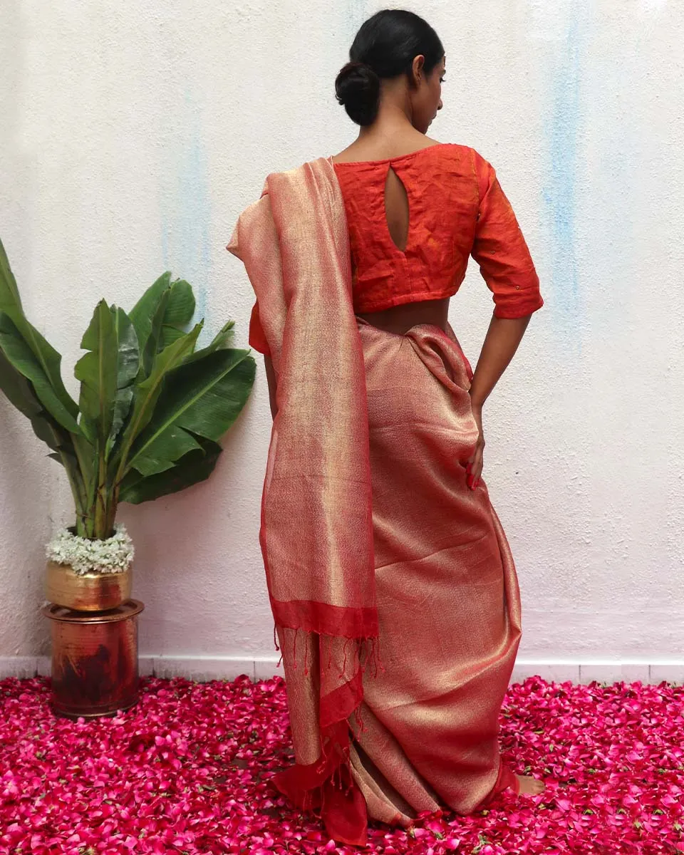 Bibha Maroon Handwoven Linen Zari Saree - Eknoor