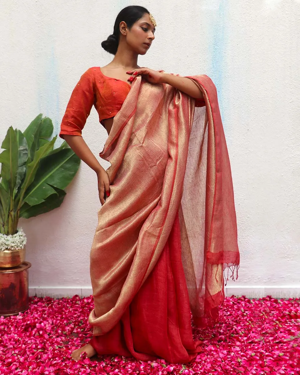 Bibha Maroon Handwoven Linen Zari Saree - Eknoor