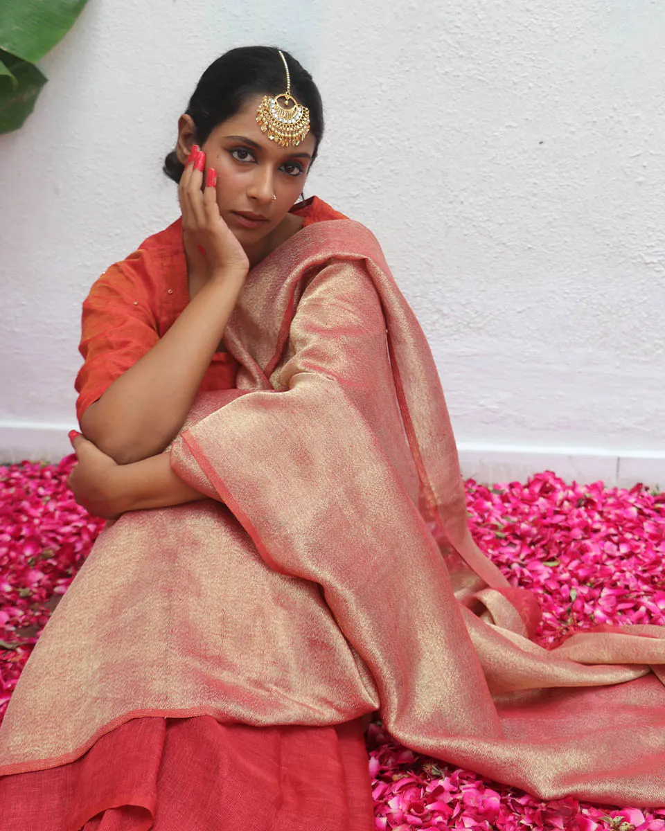 Bibha Maroon Handwoven Linen Zari Saree - Eknoor