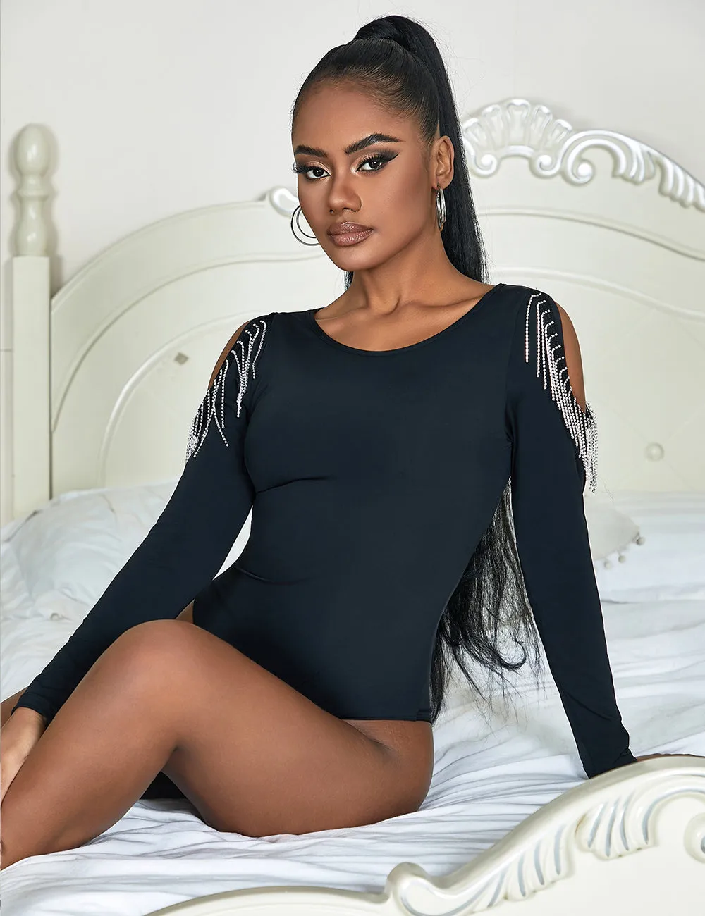 Black Diamond Chain Tassel Long Sleeve Bodysuit