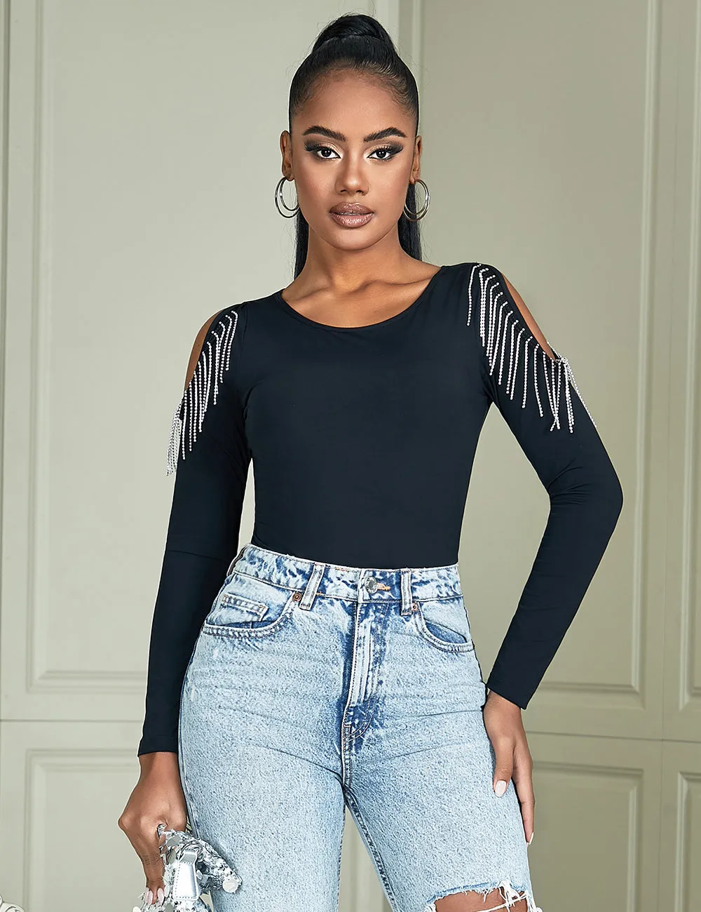 Black Diamond Chain Tassel Long Sleeve Bodysuit