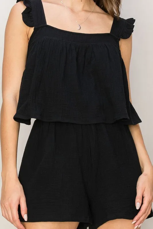 Black Double Gauze Top and Shorts Set