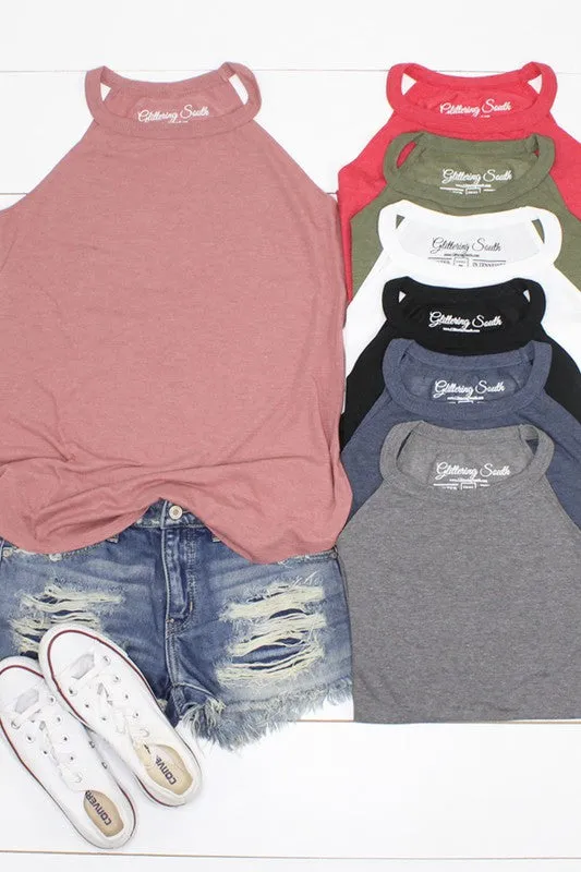 Black Tank Top with High Neckline and Shirttail Hem with Classic Fit