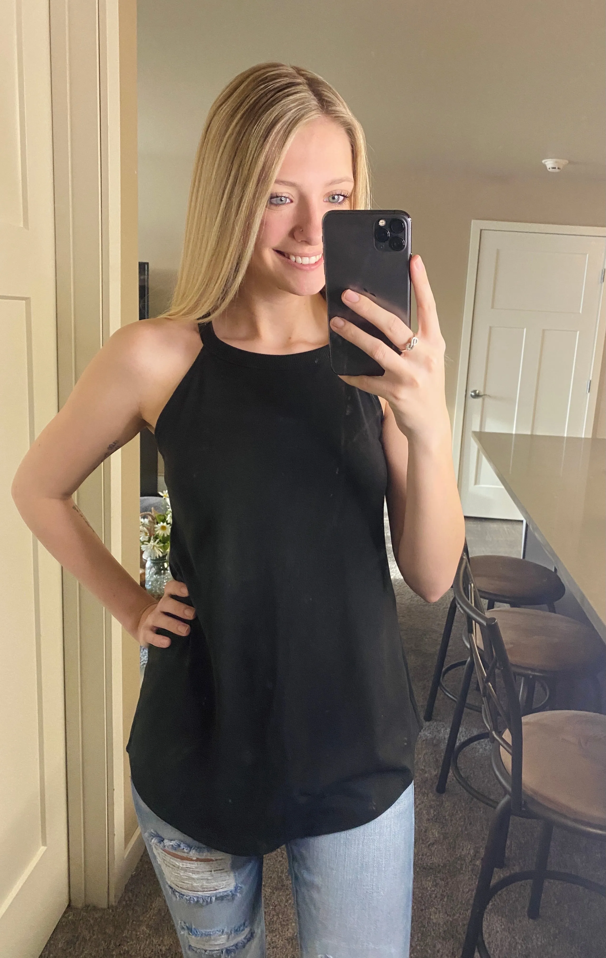 Black Tank Top with High Neckline and Shirttail Hem with Classic Fit