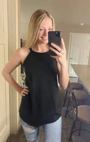 Black Tank Top with High Neckline and Shirttail Hem with Classic Fit