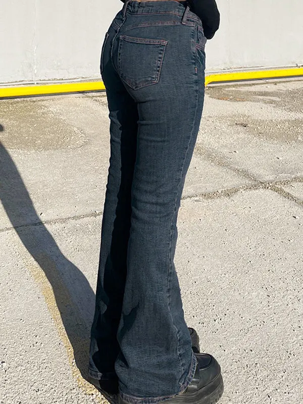 Blaue Vintage Taille Tief Geschnittene Schlankmachende Schlagjeans