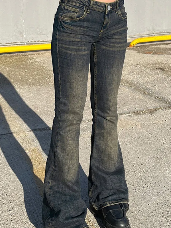 Blaue Vintage Taille Tief Geschnittene Schlankmachende Schlagjeans