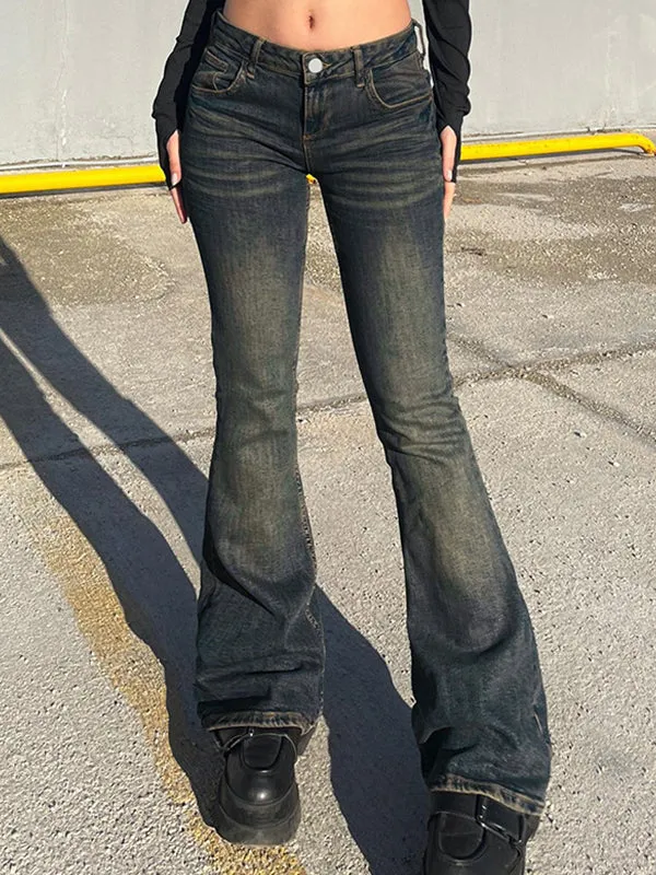 Blaue Vintage Taille Tief Geschnittene Schlankmachende Schlagjeans