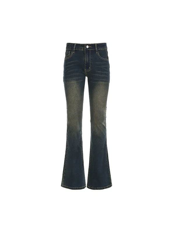 Blaue Vintage Taille Tief Geschnittene Schlankmachende Schlagjeans