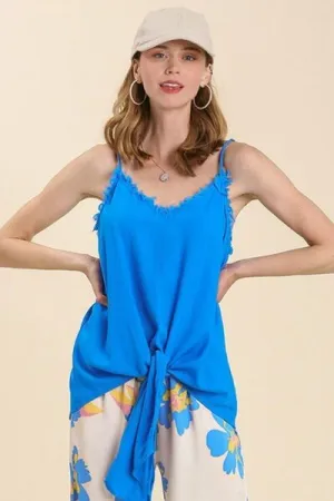 Blue Linen Blend Adjustable Spaghetti Strap Frayed Detail Cami