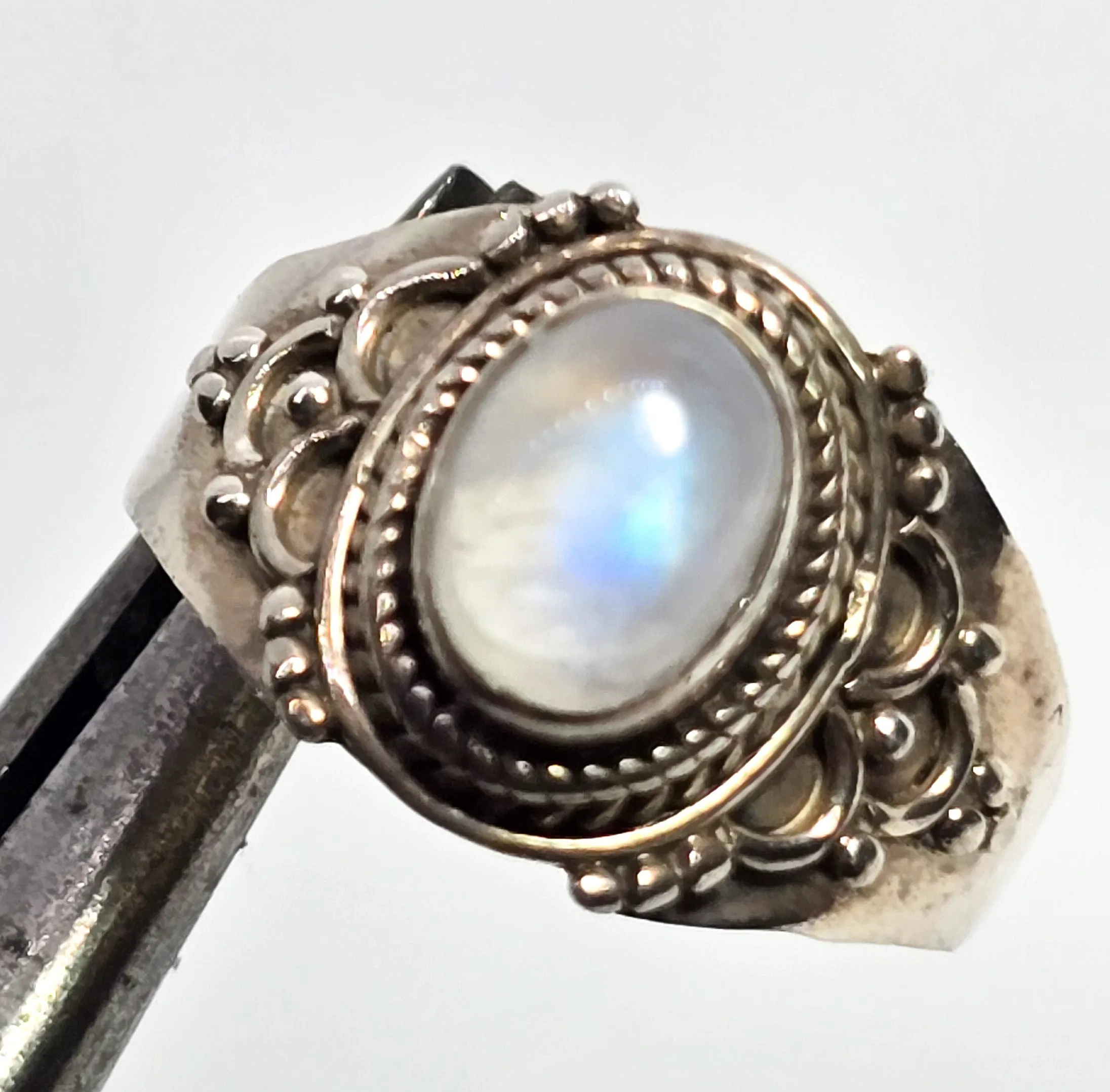 Blue moonstone tribal Bali Balinese style lotus flower vintage sterling silver ring size 9
