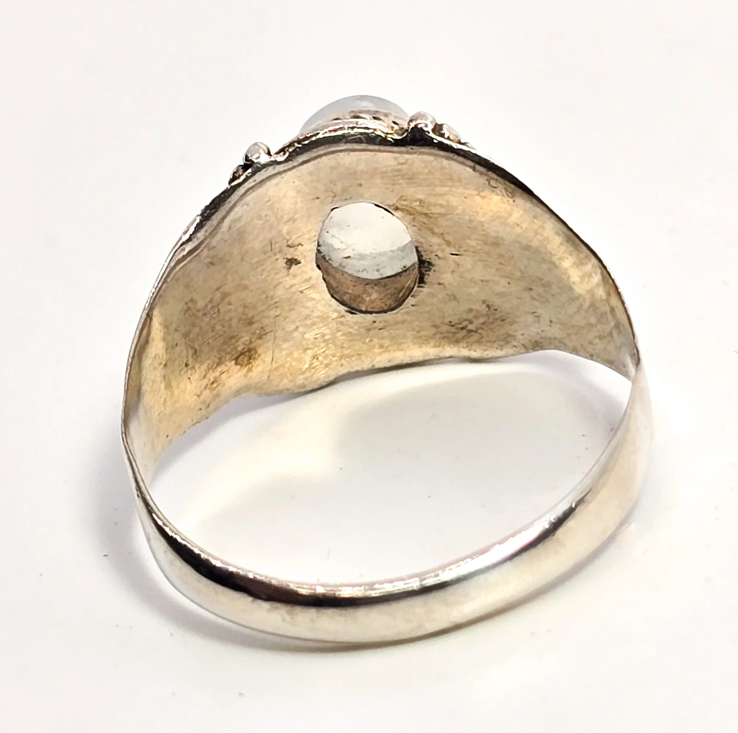 Blue moonstone tribal Bali Balinese style lotus flower vintage sterling silver ring size 9