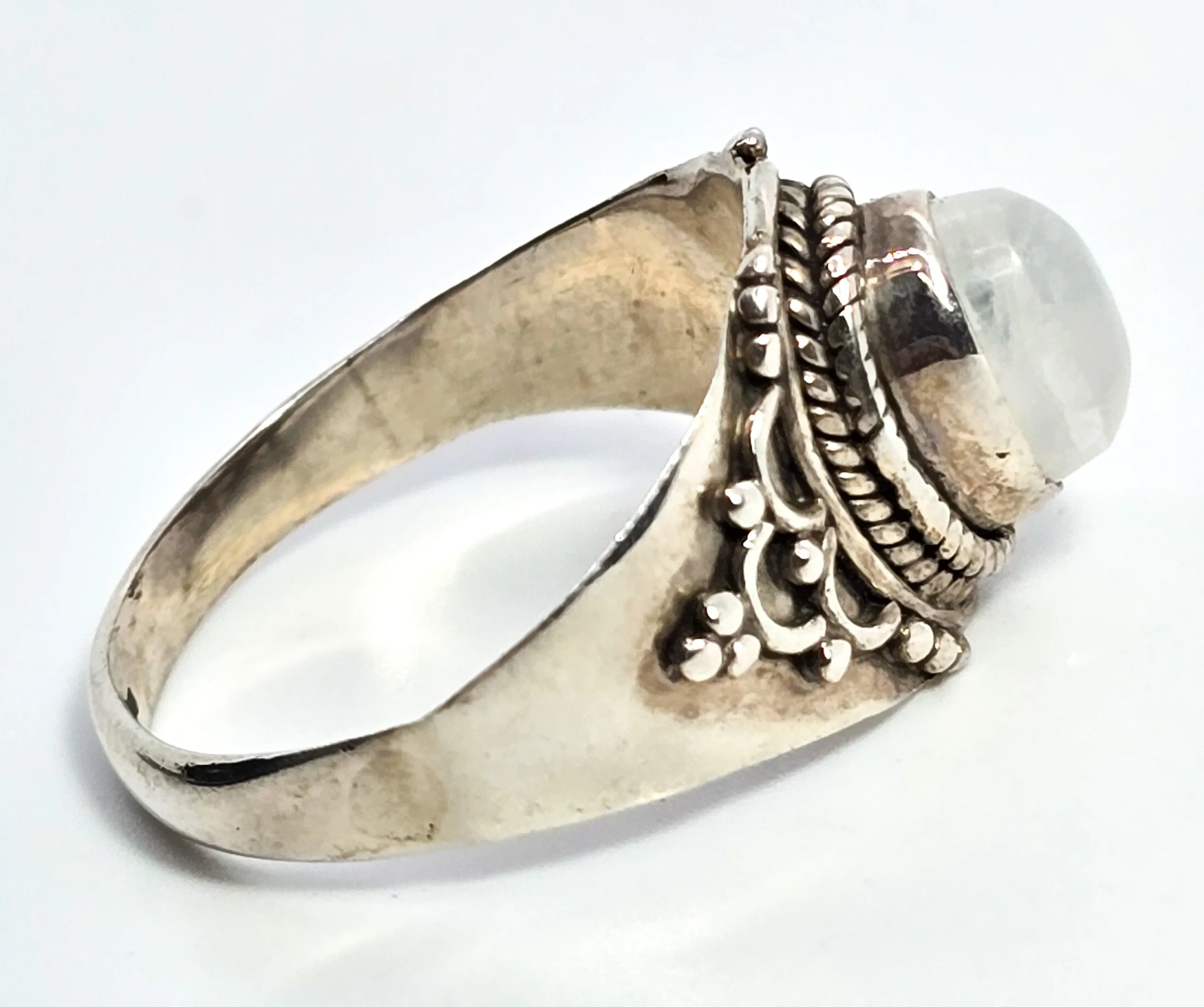 Blue moonstone tribal Bali Balinese style lotus flower vintage sterling silver ring size 9
